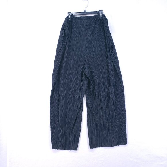 H & M Black Pleated Folds Satin Lightweight Relaxed Wide Leg Pants Size L - Picture 1 of 14